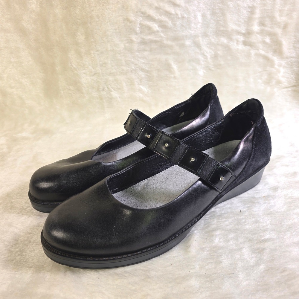 Naot Honesty Mary Jane Wedge Shoes Black Leather Rhinestone Womens 42 11